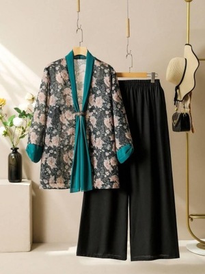 WIELOKOLOROWY WZORZYSTY KOMPLET NARZUTKA Z DŁUGIM RĘKAWEM SPODNIE SHEIN 48