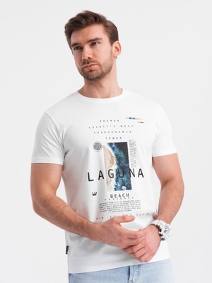 Męski t-shirt bawełniany z nadrukiem laguna biały V1 OM-TSPT-0127 M