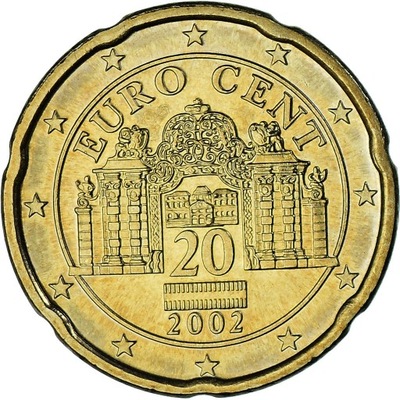 Austria, 20 Euro Cent, 2002, Vienna, MS(63), Mosią