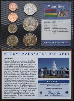 MAURITIUS ZESTAW 7 MONET 1, 5, 20, Cents, 1/2 1, 5, 10 Rupees + CERTYFIKAT