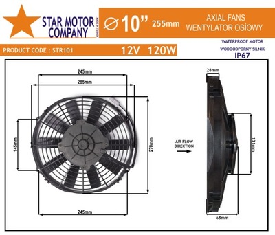 FAN UNIVERSAL 255MM 12V 120W STR101  