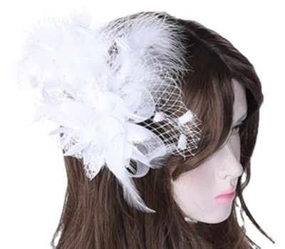 Stroik ślubny do włosów #1 fascynator ozdoba biały kwiat pióra perełki
