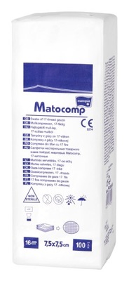 GAZIKI Kompresy z gazy niejałowe MATOCOMP 100 szt. 7.5x7.5cm 17N 16W