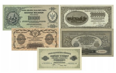 BANKNOTY MARKI POLSKIE -1923- 10,5,1 MLN, 500, 250 TYS -5 SZTUK- KOPIE- L08