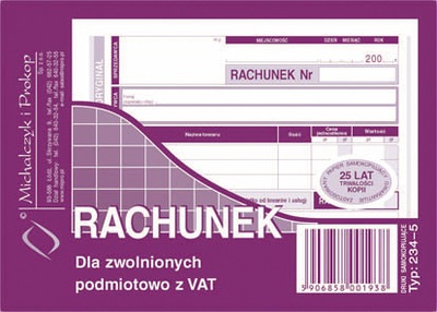 RACHUNEK DLA ZWOLNIONYCH PODMIOTOWO Z VAT A6 234-5