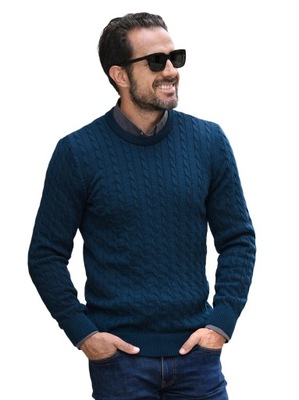 SWETER MĘSKI - WARKOCZ - 100% WEŁNA MERINO - MORSKI - L