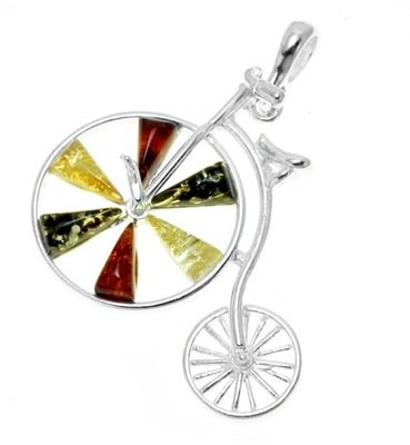 Bicykl rower srebrny wisiorek z bursztynem