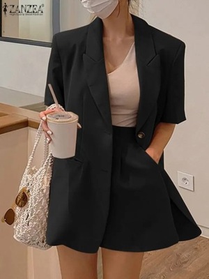 ZANZEA Summer Elegant Short Sleeve Blazer Suits 2P