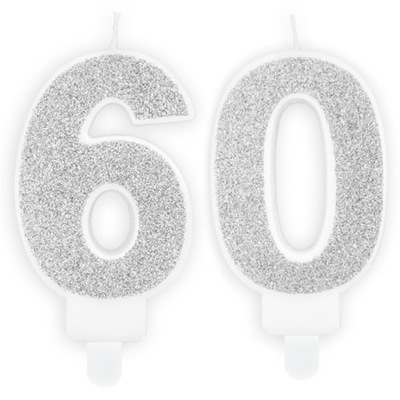 Świeczki urodzinowe cyfra 60 brokatowe srebrne