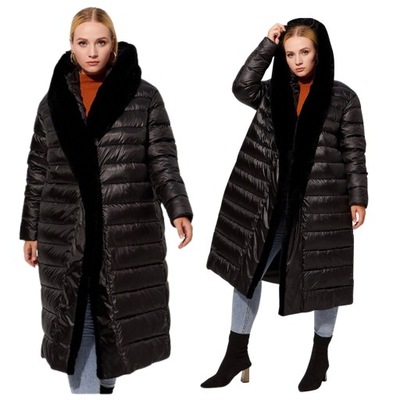 Luxusowy Płaszcz Zimowy Puchowy Naturalne Futro XL