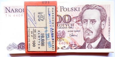 Banknoty 100 zł 1988 seria TN stan 1 UNC z paczki bankowej