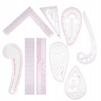 ZESTAW LINIJEK MIAR KRAWIECKICH DO SZYCIA DO WYKROJÓW 9 EL.