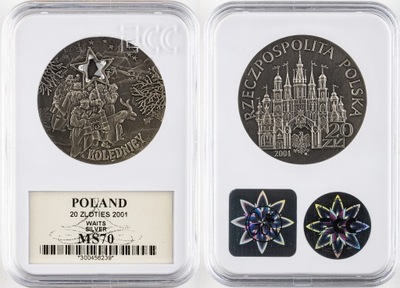 20 ZŁOTYCH 2001, KOLĘDNICY, SREBRO, STAN:MS70