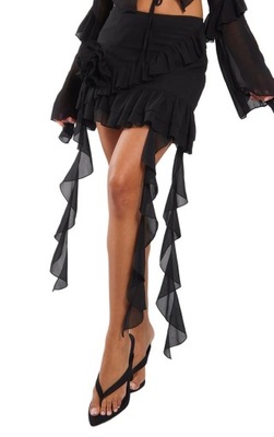 SPÓDNICA MINI CZARNA Z FALBANKAMI SZYFONOWA ILV PRETTYLITTLETHING 32