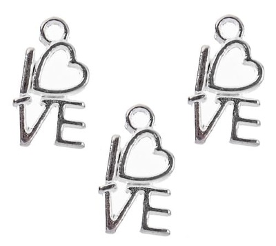 ZAWIESZKI CHARMS NAPIS LOVE 14mm 10szt SREBRNY SERDUSZKA CHARMSY WISIORKI