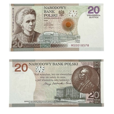Banknot UNC - 2011 - 20 ZŁ - 100. rocznica Nobla Marii Skłodowskiej-Curie