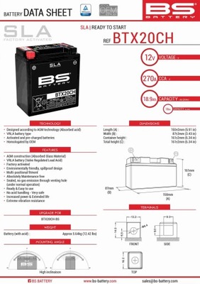 BS АКУМУЛЯТОР BTX20CH (FA) (YTX20CH-BS, YTX20A-BS) 12V 18AH 150X87X161 BEZO