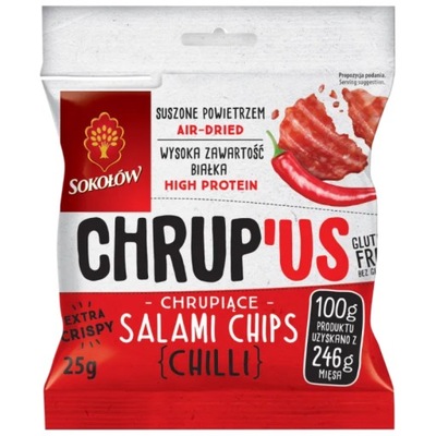 SALAMI PRZEKĄSKA BIAŁKOWA MIĘSNE CHIPSY CHRUP'US O SMAKU CHILLI 25g SOKOŁÓW
