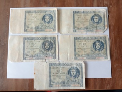 zestaw pięciu banknotów 5 złotych 1930 rok ser.BF,R,BR,CD,CT