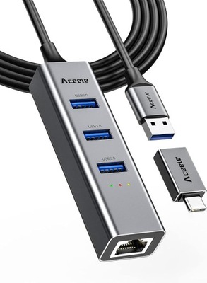 Aceele Adapter USB 3.0/USB C Ethernet, Thunderbolt 3 do Gigabit 4, USB 3.0