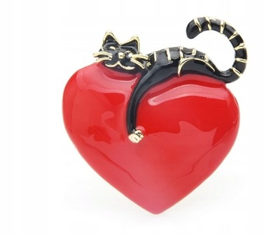 broszka przypinka kot czerwona serce kotek