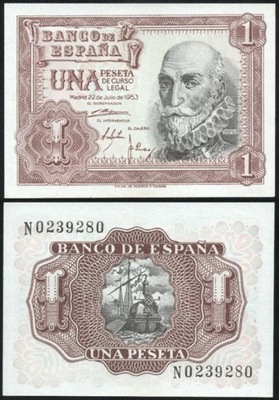 $ Hiszpania 1 PESETA P-144 UNC 1953