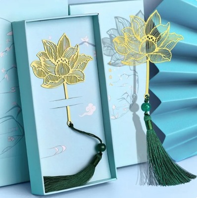 Elegancka Zakładka Złoty Kwiat LOTOSU z frędzlem Pudełko Prezent