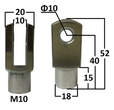 Przegub widełkowy otwór 10mm gwint M10 dł. 40mm