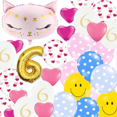 Zestaw Balonów na 6 urodziny dziewczynki Dekoracja dla 6 latki Balon Kotek