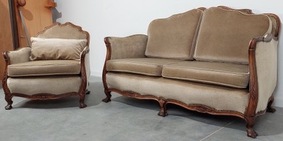 ZESTAW SALONOWY SOFA FOTEL CHIPPENDALE 2+1 DĄB AKSAMIT BEŻ KANAPA