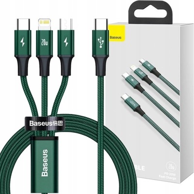 Kabel USB LIGHTNING USB-C microUSB na USB-C BASEUS 20W 1,5m 3 końcówki