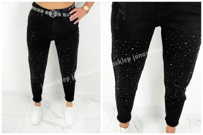 NEW SPODNIE cyrkonie SHINE baggy czarne BLACK xs