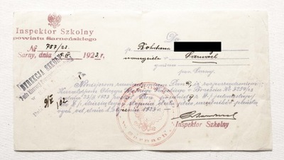 STARY DOKUMENT, INSPEKTOR SZKOLY - SARNY 1923