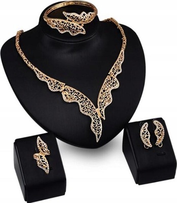 Złoty elegancki komplet biżuterii pozłacana ażurowa kolia na prezent