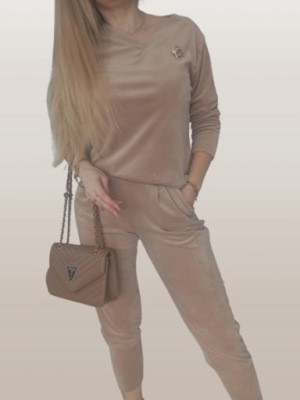 KOMPLET dres Welurowy dekolt V beż