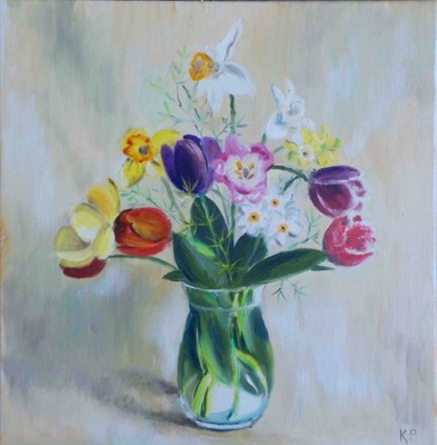 TULIPANY I NARCYZY obraz olejny płótno 40x40