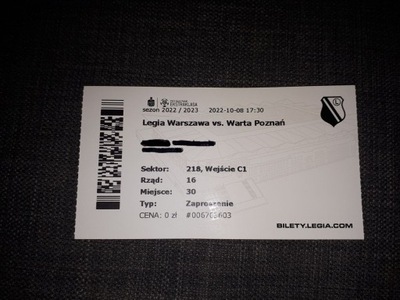 Bilet Legia Warszawa - Warta Poznań - 8.10.2022
