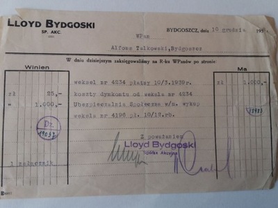 LLoyd Bydgoski, kwit Bydgoszcz 1938