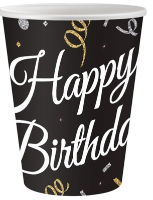 Kubeczki papierowe czarne Happy Birthday 6 sztuk Urodziny