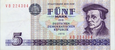 Niemcy DDR - BANKNOT - 5 Marek 1975 - MUNTZER