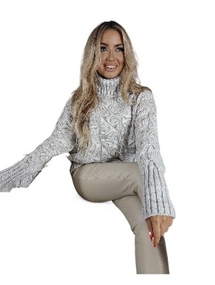 Sweter damski golf warkocz szary