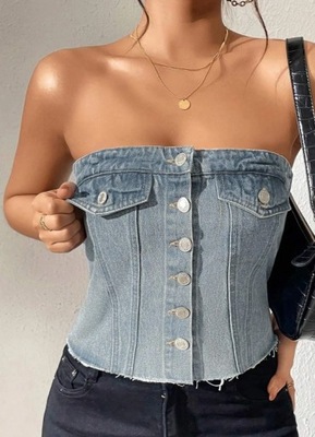 SHEIN TOP JEANSOWY ZAPINANY NIEBIESKI S 1V7A