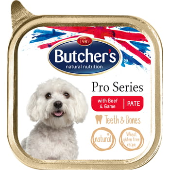 Butcher'S pro series dog teeth&bones z wołowiną i dziczyzną pasztet 150g