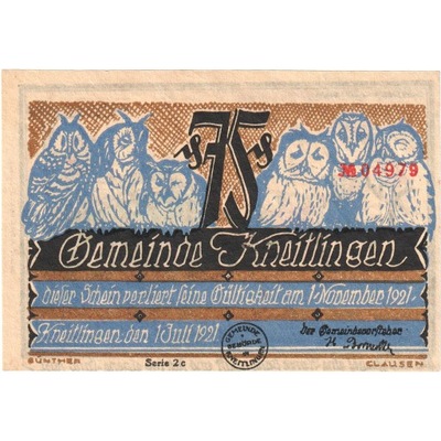 Banknot, Niemcy, Kneitlingen Gemeinde, 75 Pfennig,