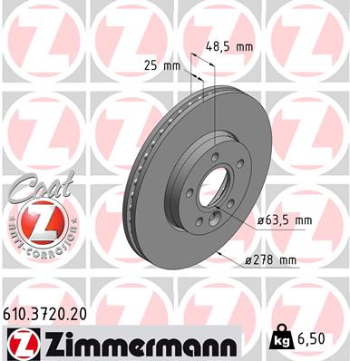 ZIMMERMANN VOLVO V40 II 278MM ДИСКИ ТОРМОЗНЫЕ ПЕРЕД 610.3720.20