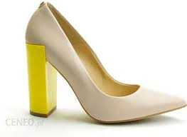 Beżowe lico żółty obcas czółenka na słupku skórzane eleganckie buty Sala 37