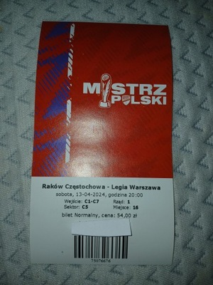 Używany bilet Raków Częstochowa - Legia Warszawa - 13.04.2024