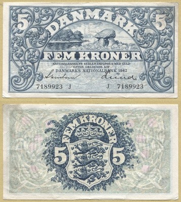 -- DANIA 5 KRONER 1942 J P30h(5) s.(II/II+)