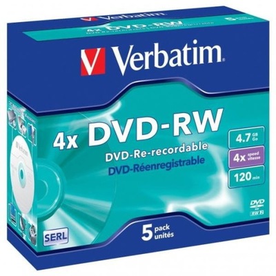 Płyty Verbatim DVD-RW, 5szt, 4x, 4.7GB jewel box