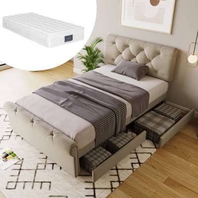 Łóżko 90x200 tapicerowane 2 szufladami+materacem
